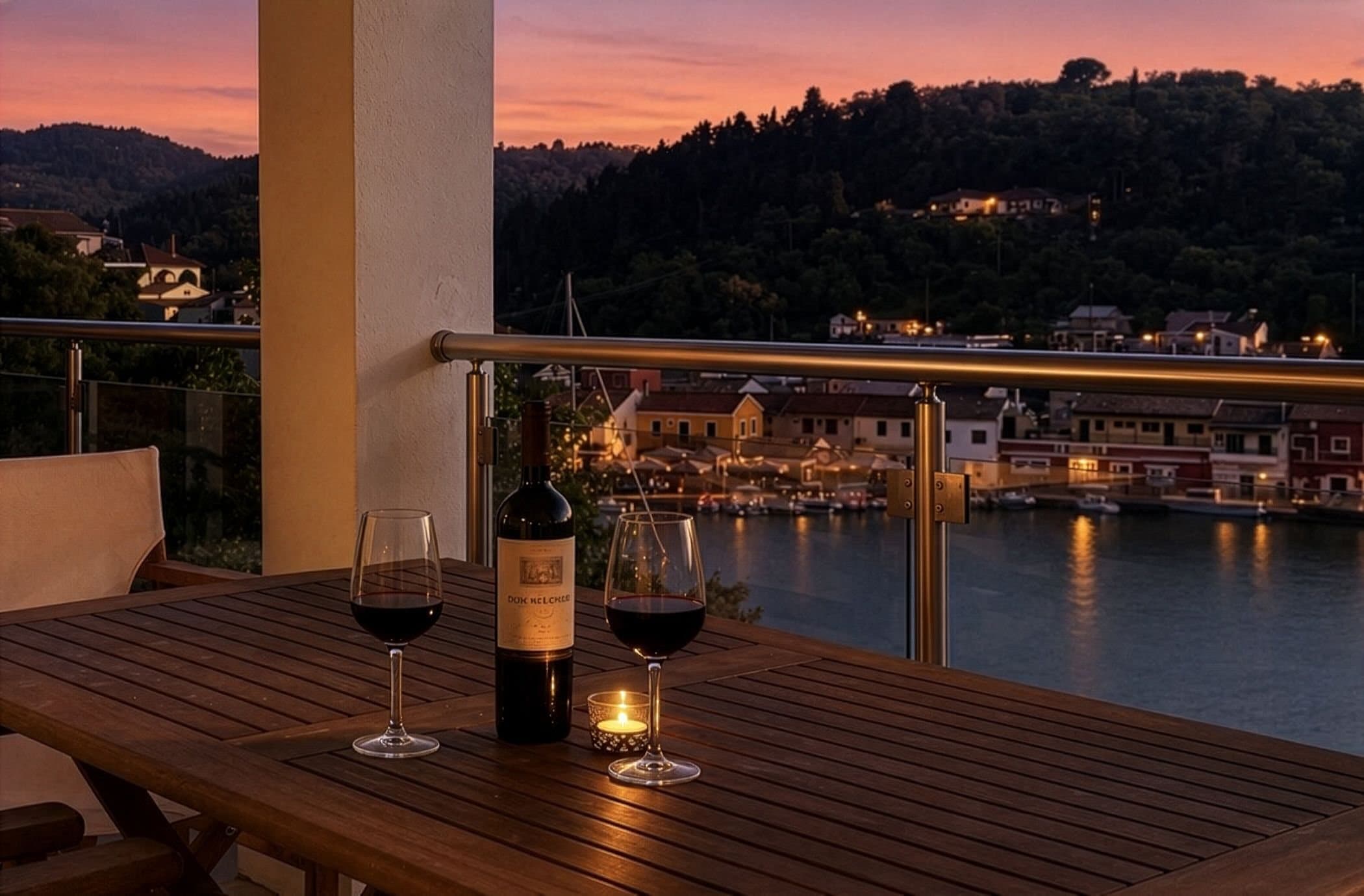 Two glasses of red wine on the terrace table at sunset, with the lights of Lakka harbour below